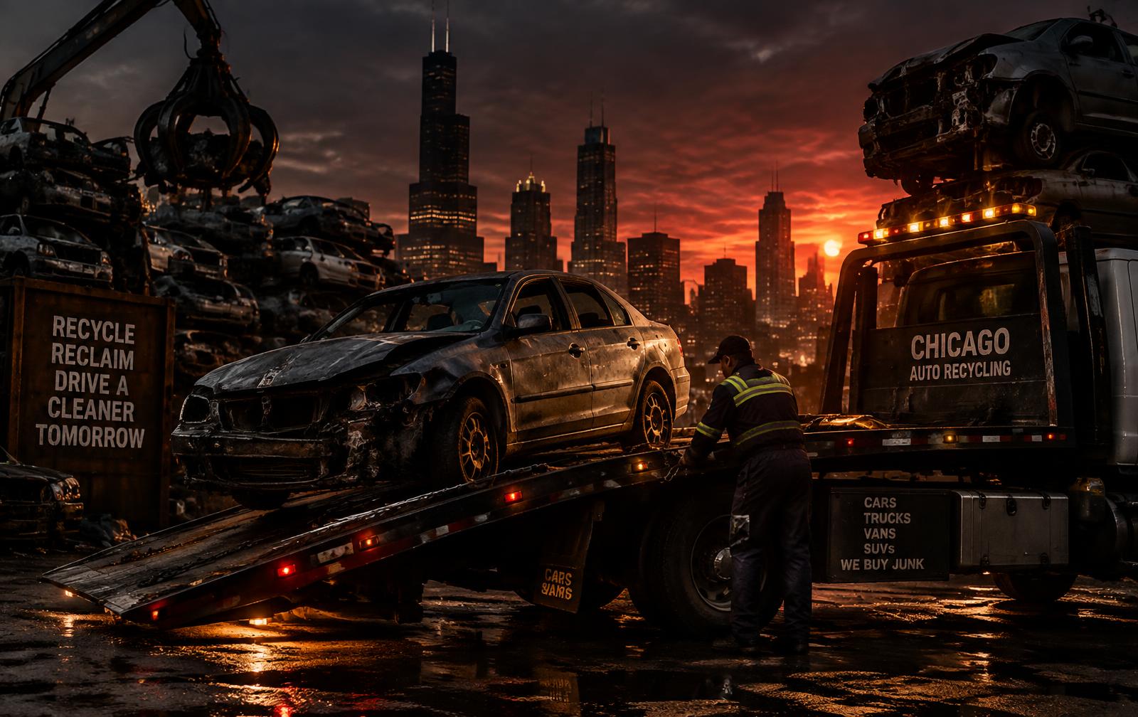 Cash King Junk Yard tow truck loading a junk car with the Chicago skyline behind it