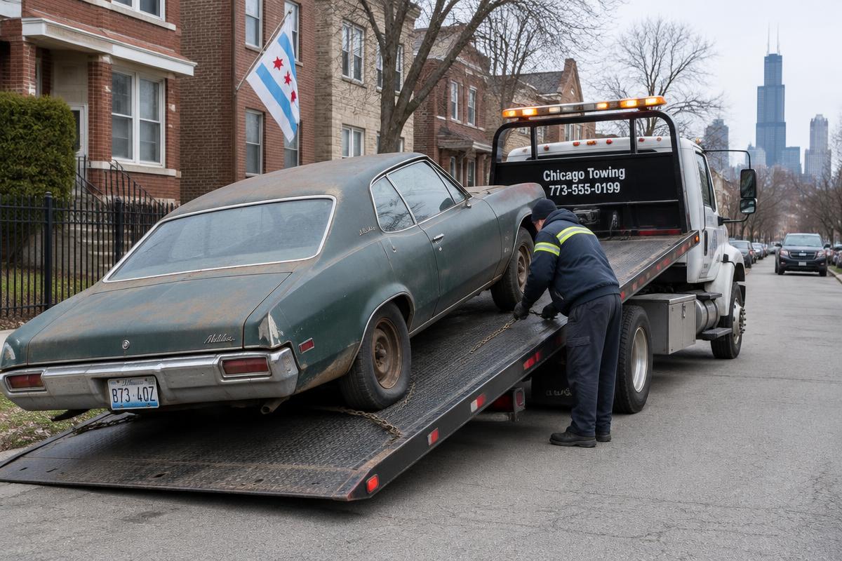 Flatbed tow truck loading a non-running old car on a Chicago residential street